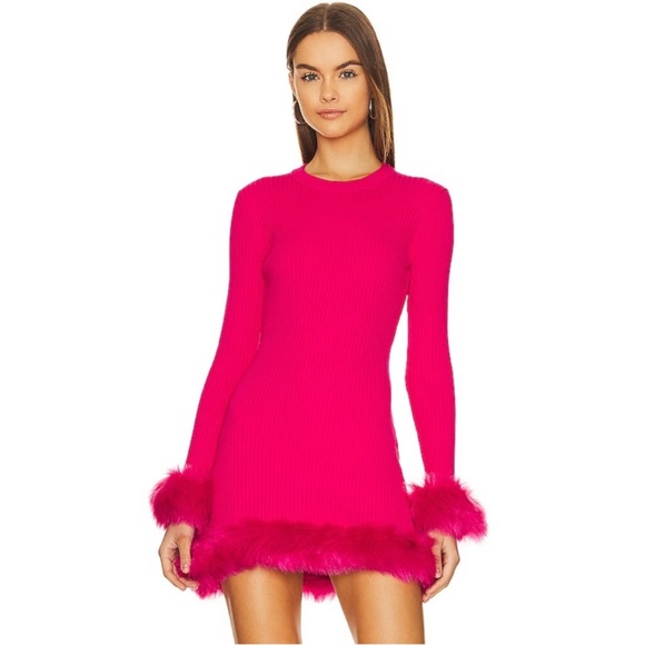 Show Me Your MuMu Dresses & Skirts - Show Me Your MuMu Hot Pink Feather-Trim Long-Sleeve Mini Dress